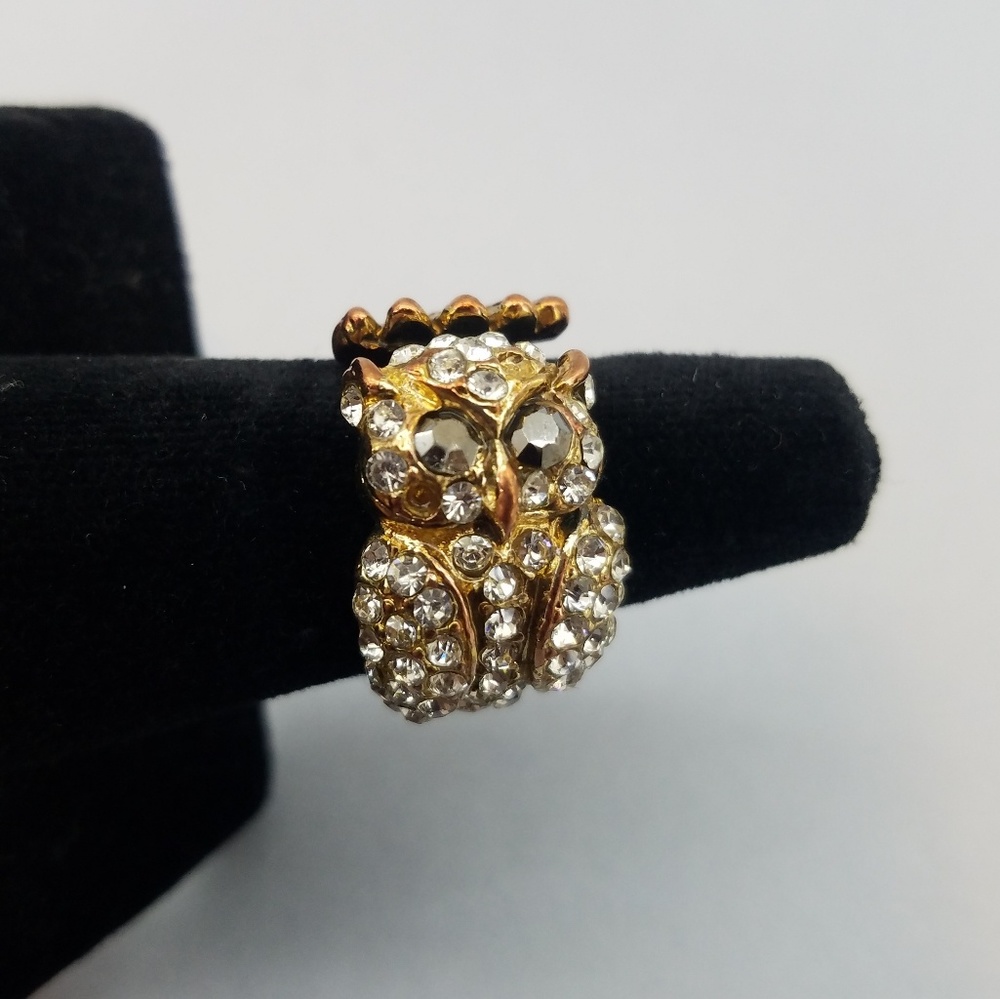 Sparkly Owl Ring Copper Tone Clear Black Crystals